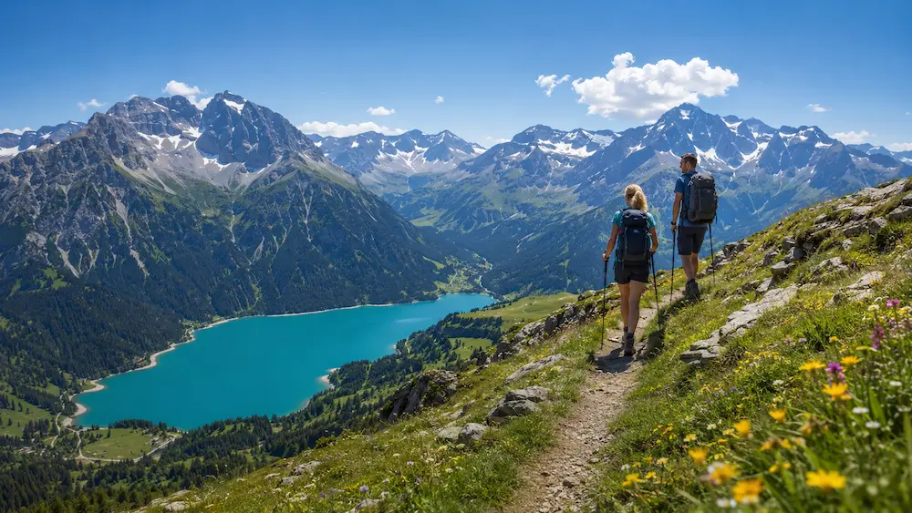 Illustration einer Donau-Landschaft mit Radweg und Weinbergen in Österreich